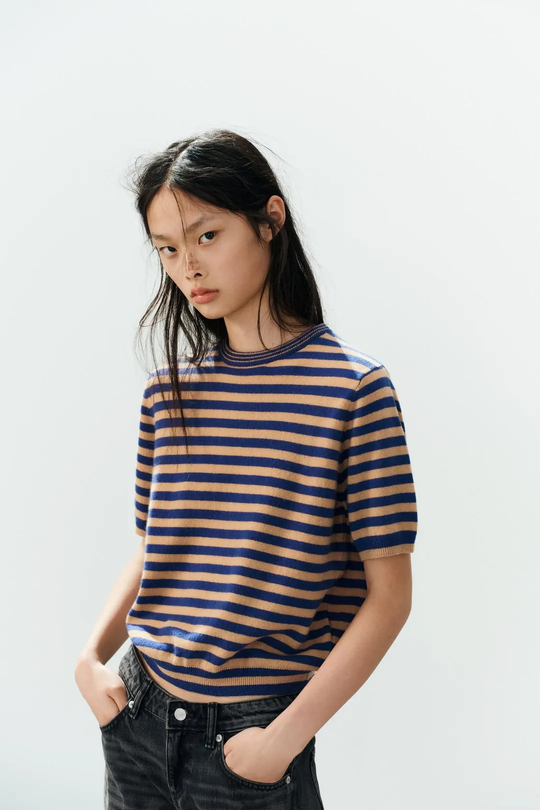 Джемпер в полоску с короткими рукавами из 100% шерсти, Zara