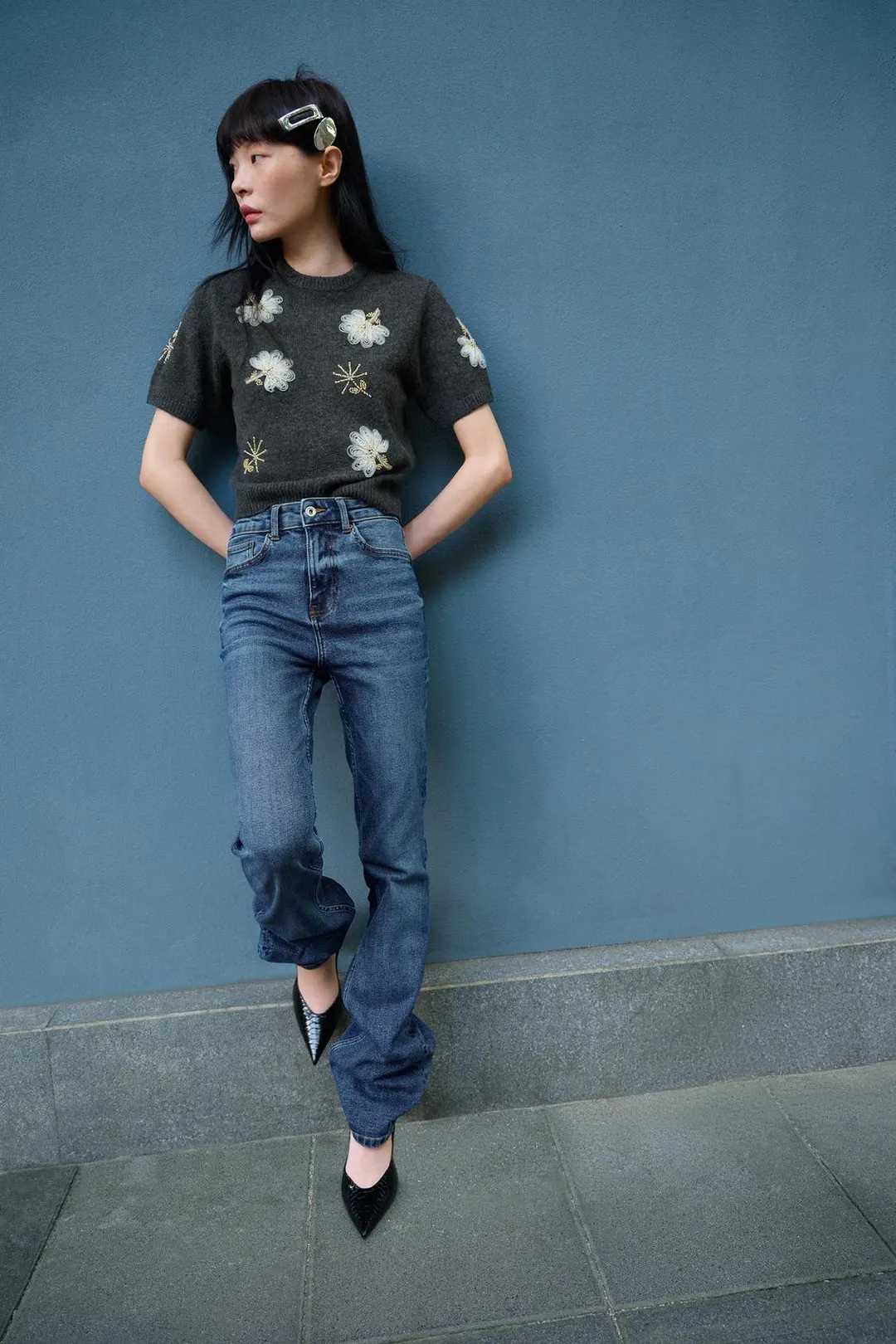 Джемпер с короткими рукавами и бусинами, Zara