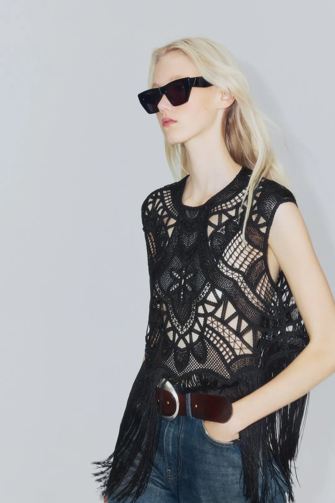 Топ вязаный крючком с бусинами и бахромой ZW Collection, Zara