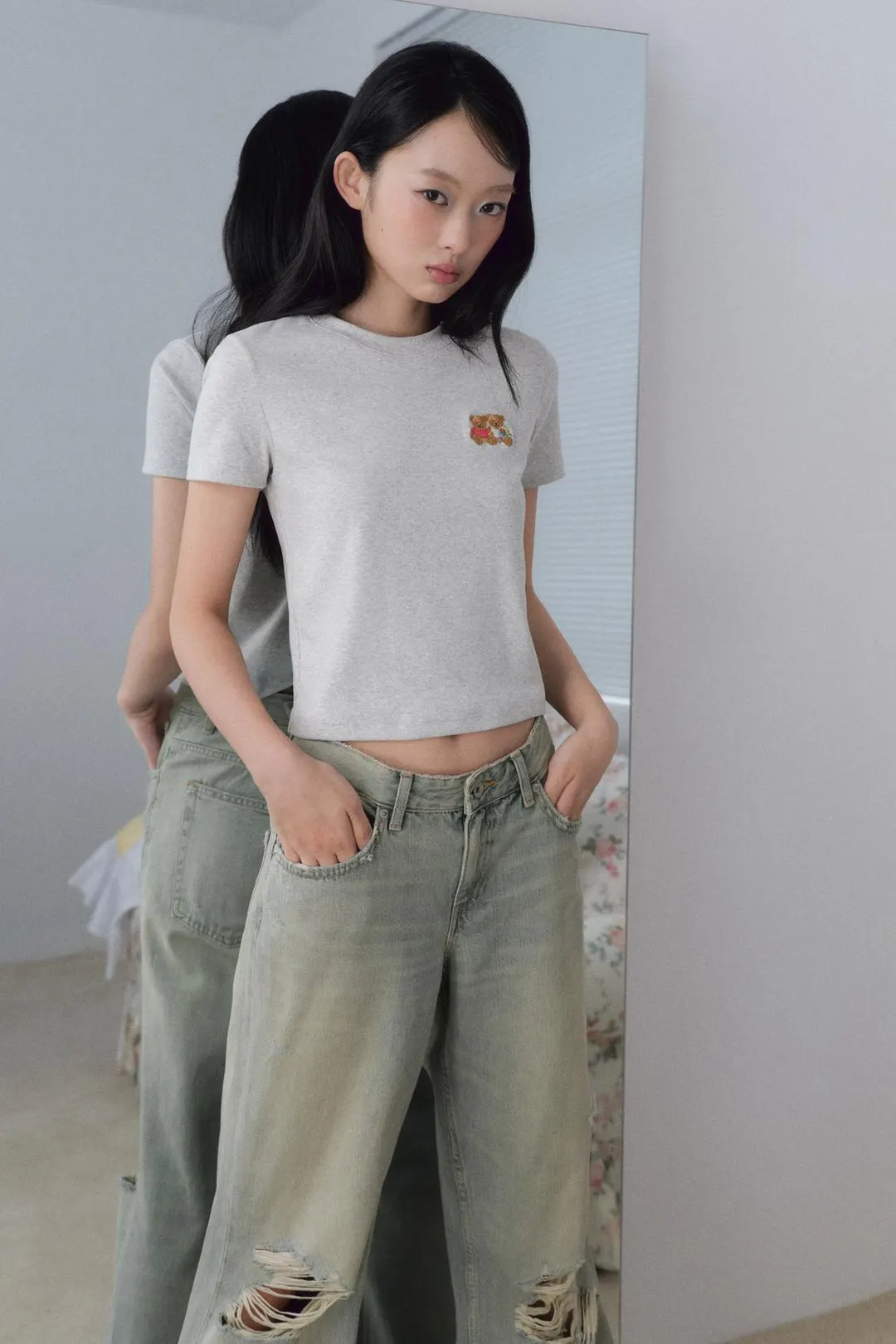 Футболка укороченная с вышивкой медведя, Zara