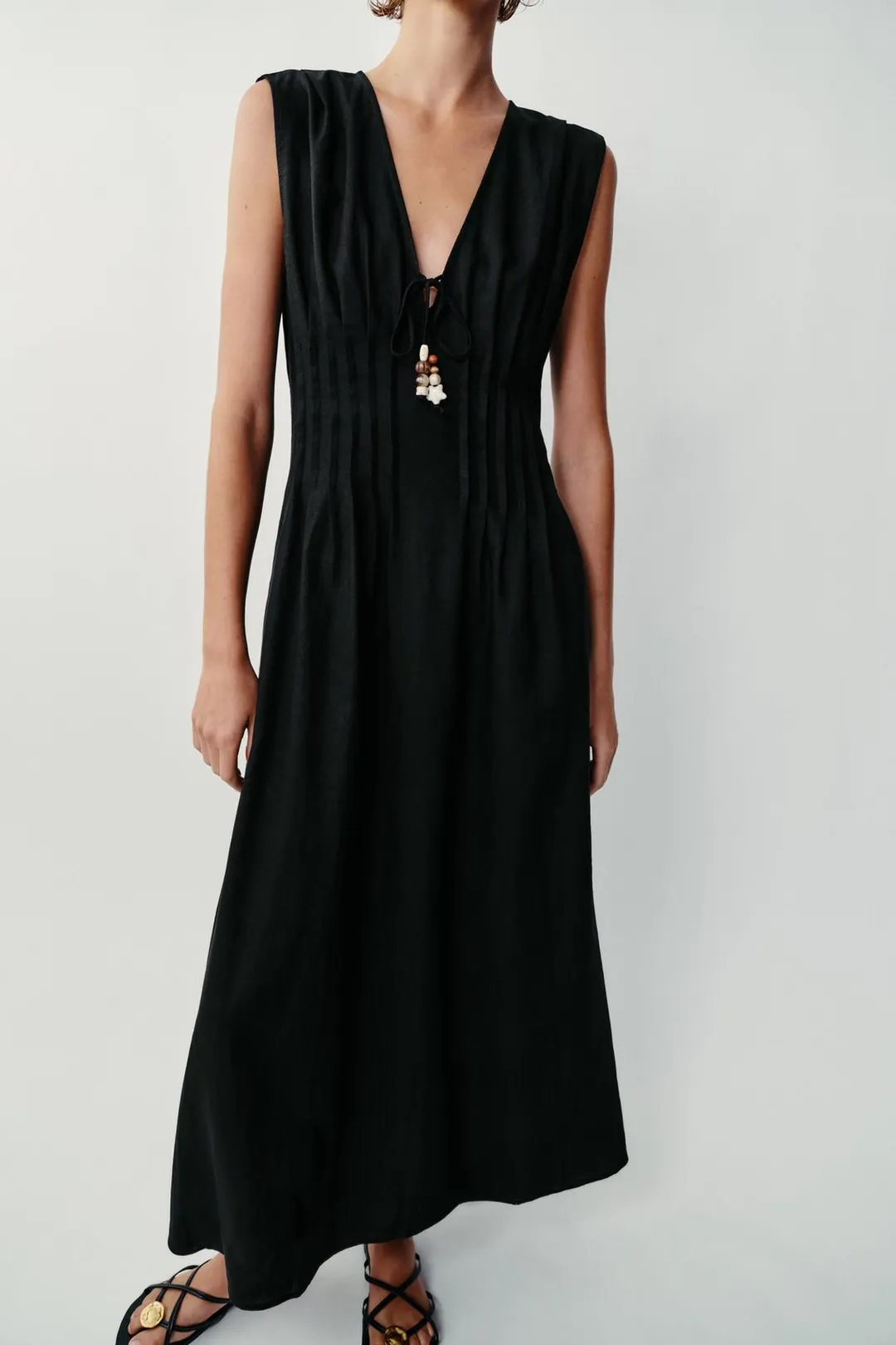 Платье миди из смесового льна с защипами, Zara