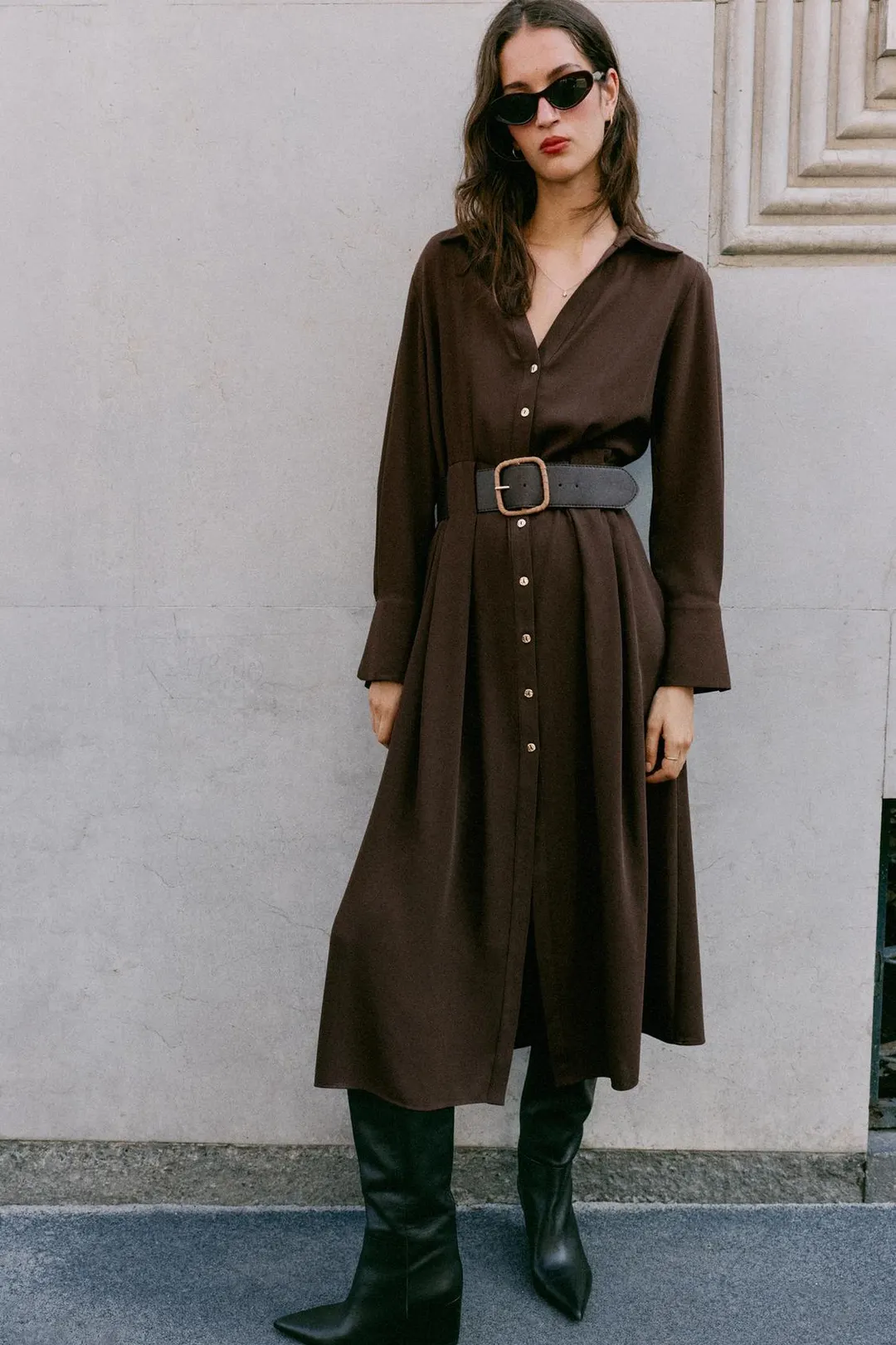 Платье-рубашка миди с поясом, Zara