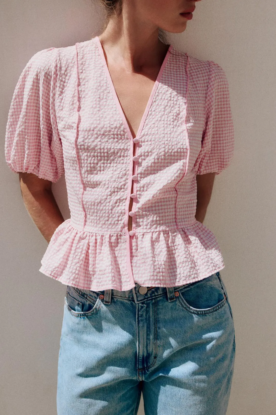 Блузка в клетку виши с баской, Zara