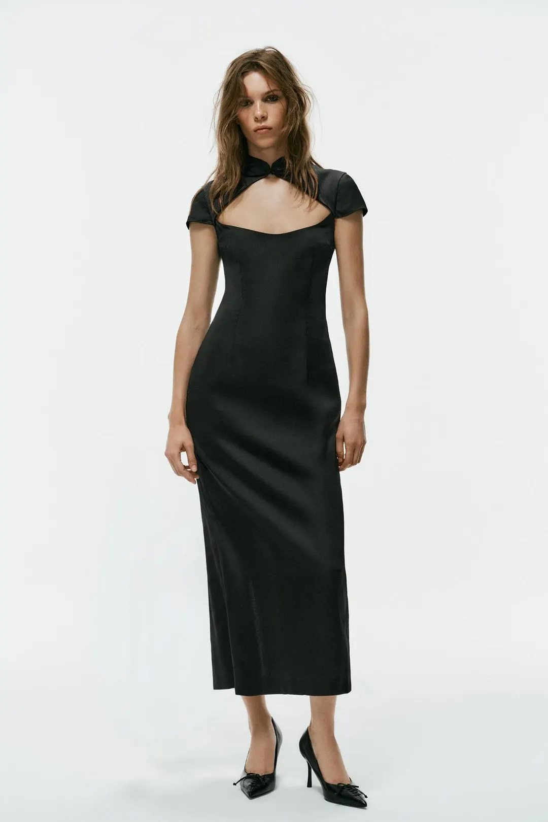 Атласное платье миди с разрезом, Zara