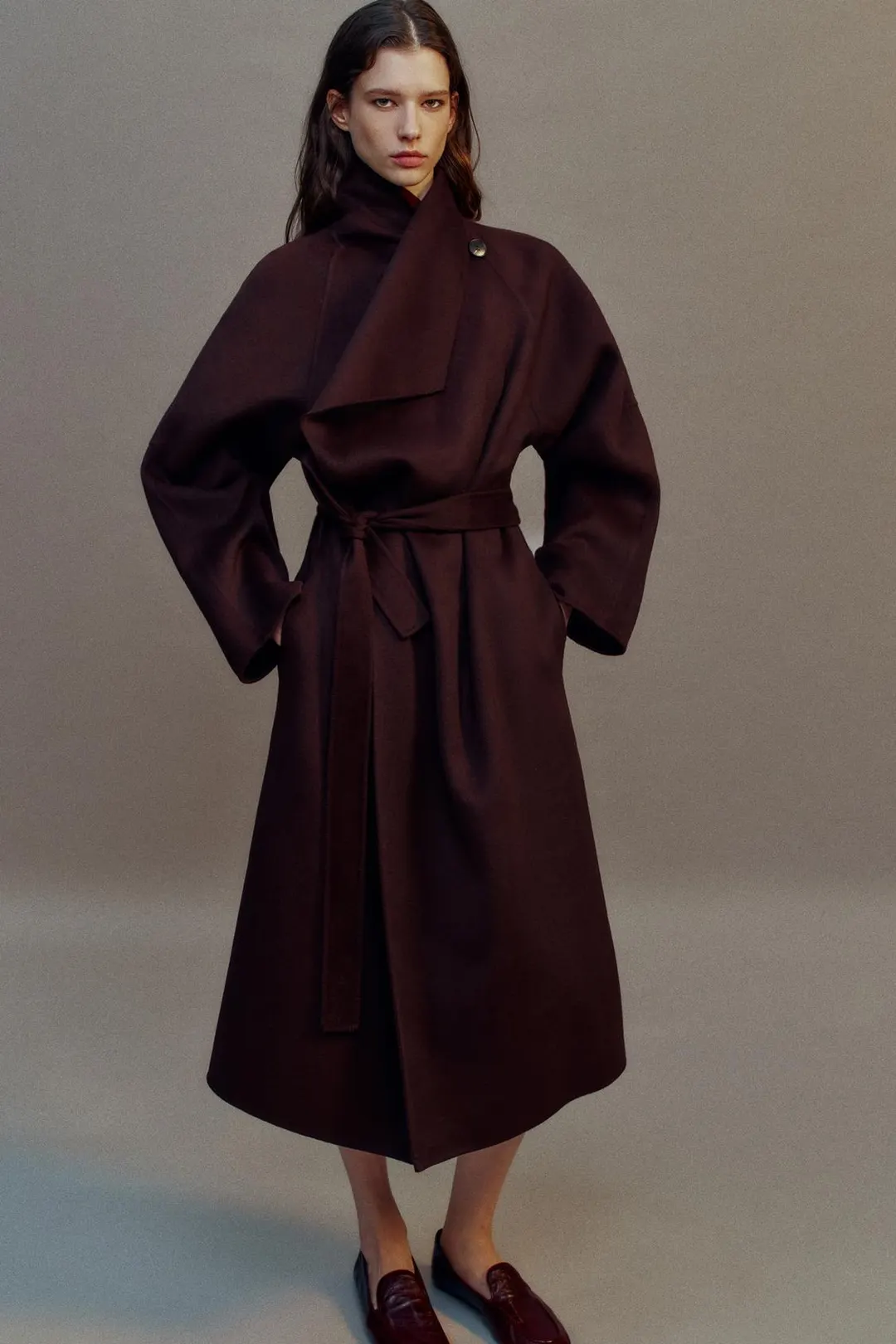 Длинное пальто с поясом, Zara