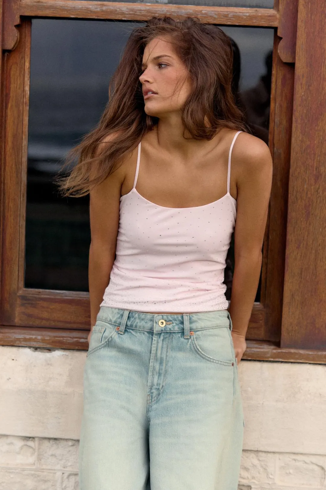 Мерцающий топ на бретелях, Zara