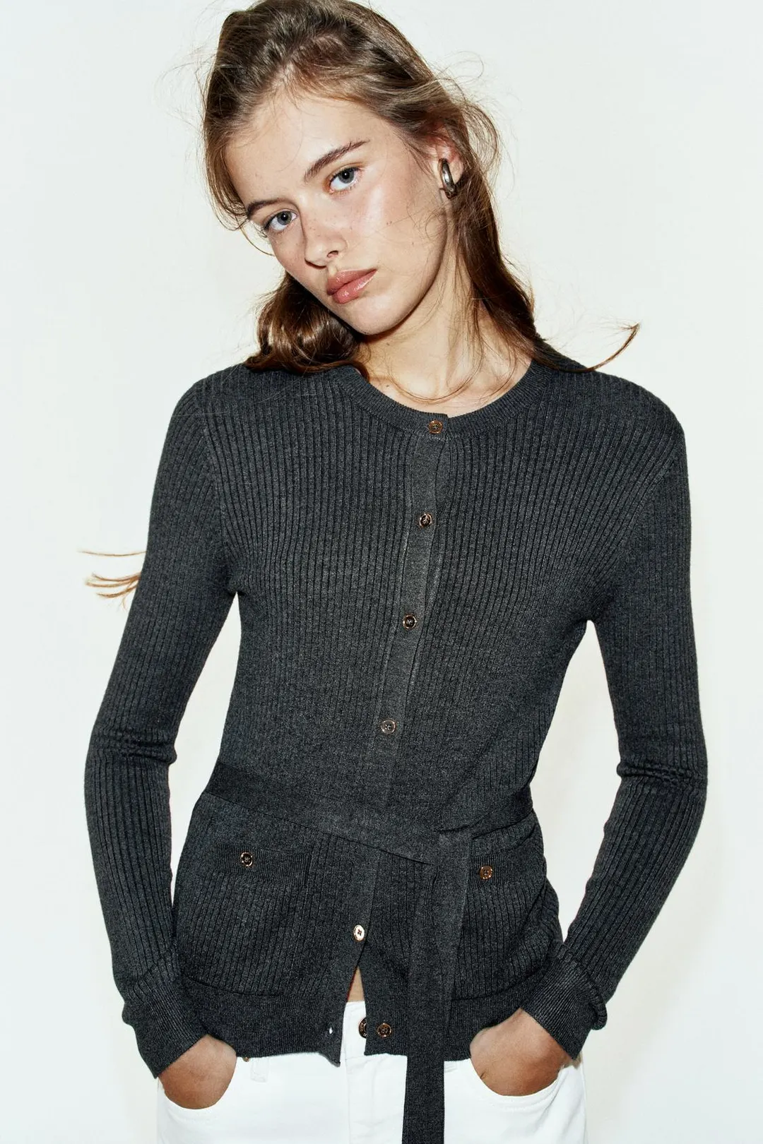 Вязаный кардиган в рубчик с поясом, Zara