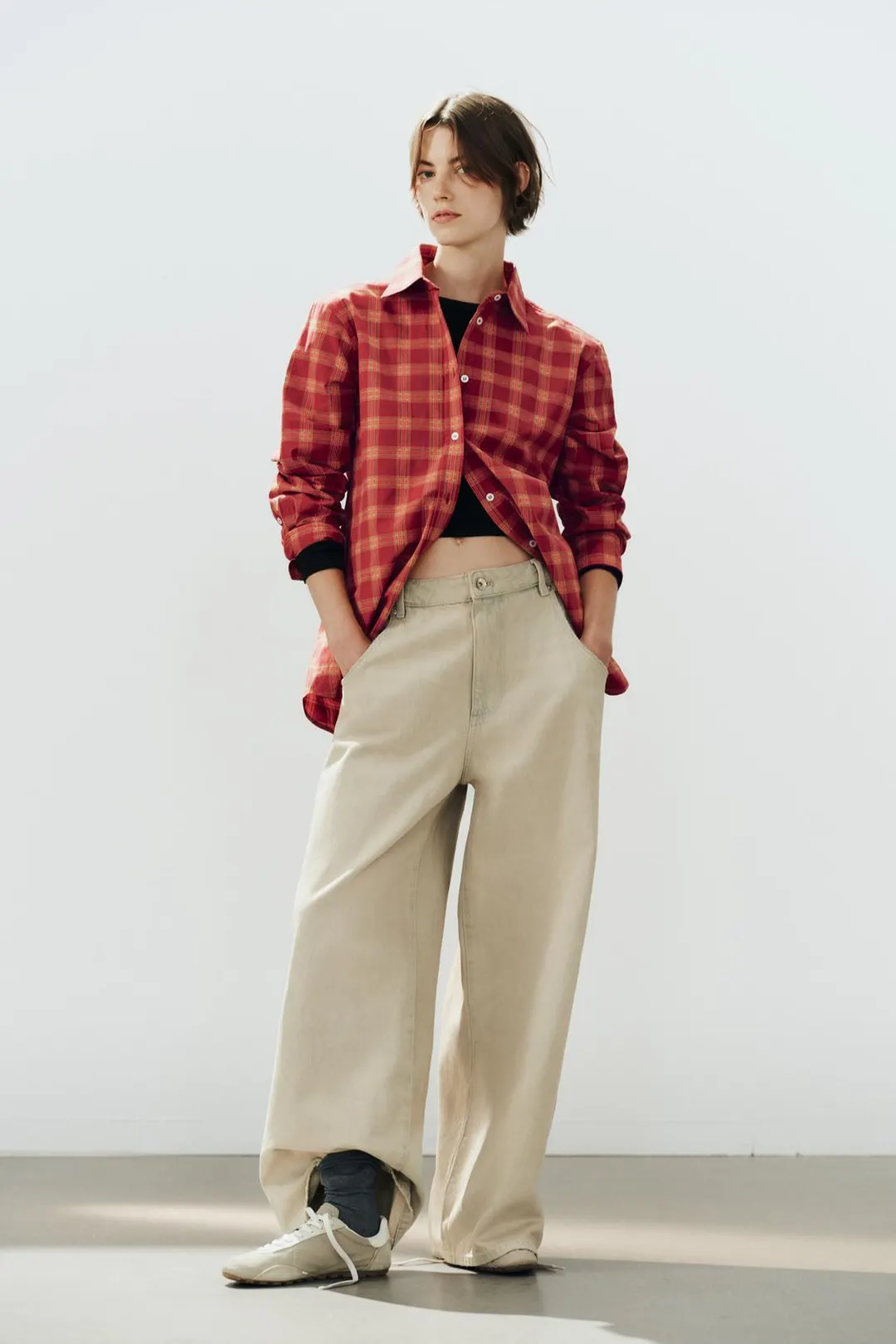 Рубашка оверсайз из поплина в клетку, Zara