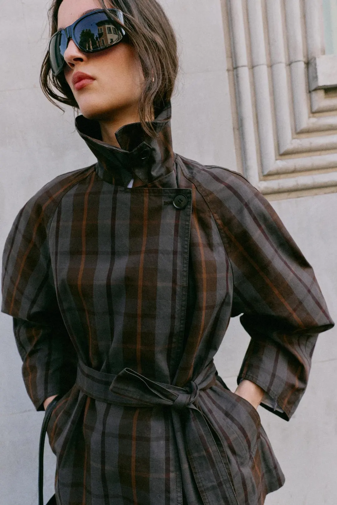 Тренч в клетку с поясом, Zara