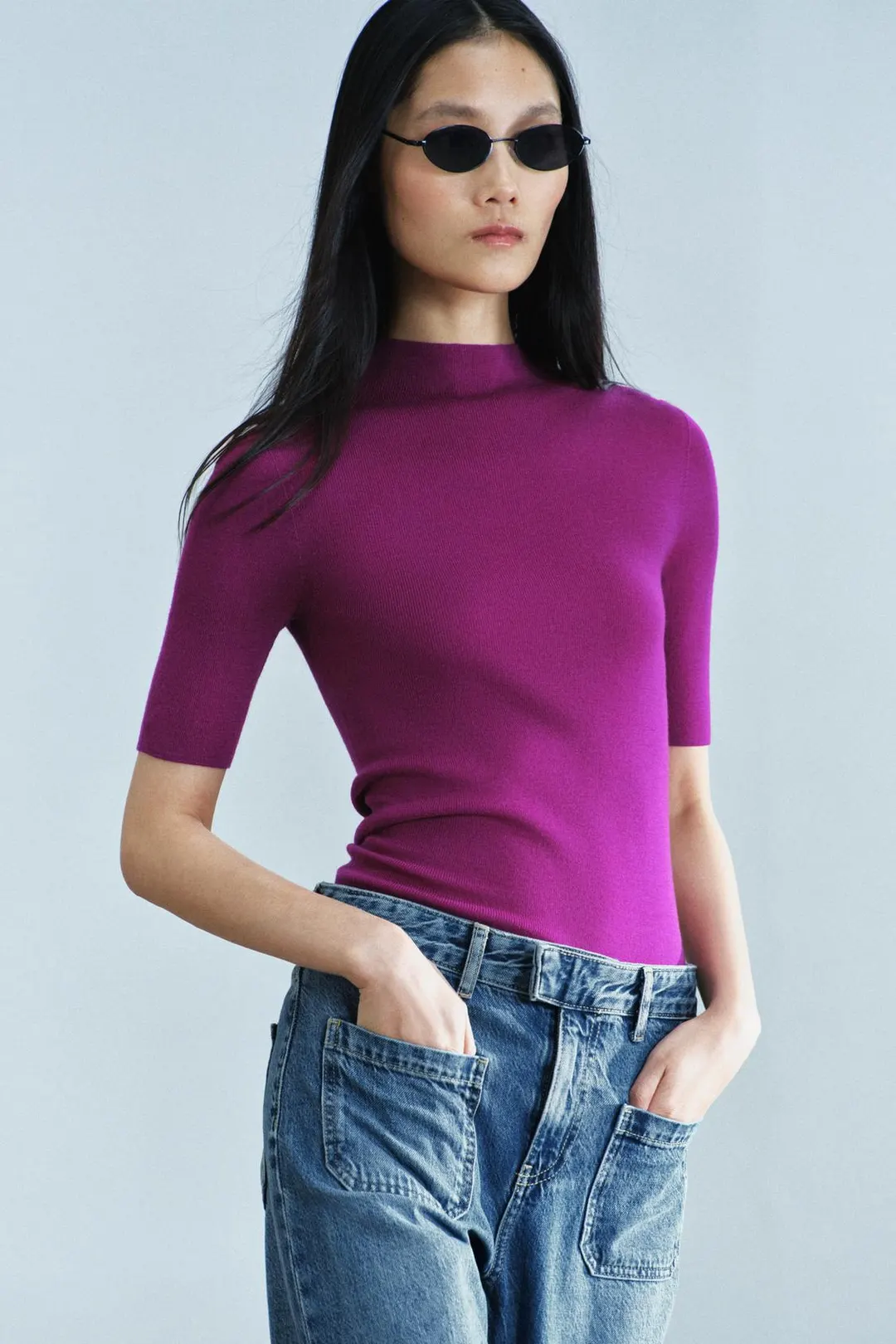Топ с короткими рукавами из 100% тонкой шерсти, Zara