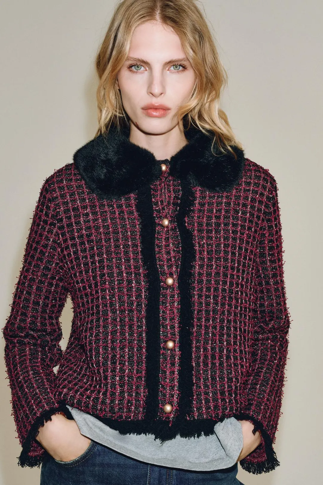 Кардиган со съемным контрастным воротником, Zara
