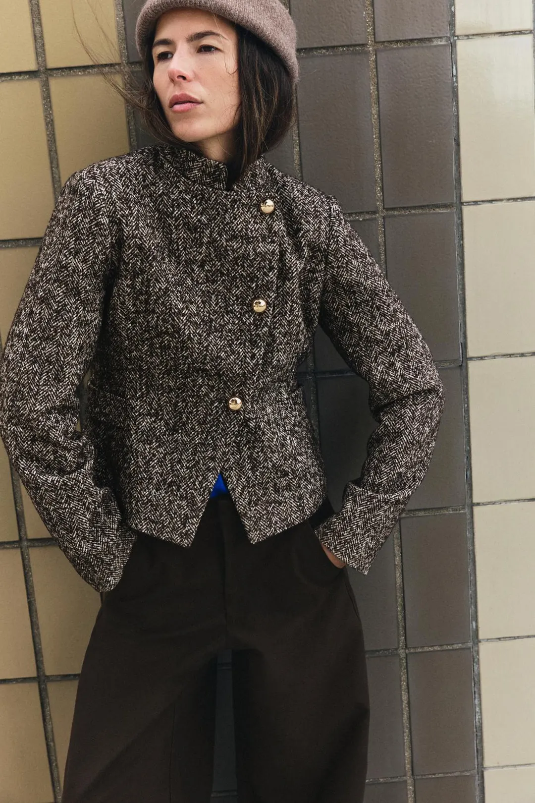 Двубортный пиджак из смесовой шерсти с подплечниками, Zara