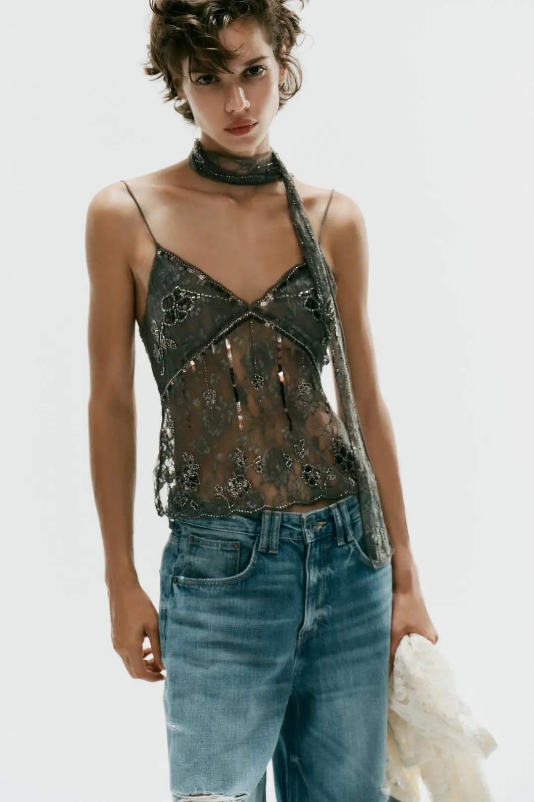 Топ кружевной с вышивкой и шарфом, Zara