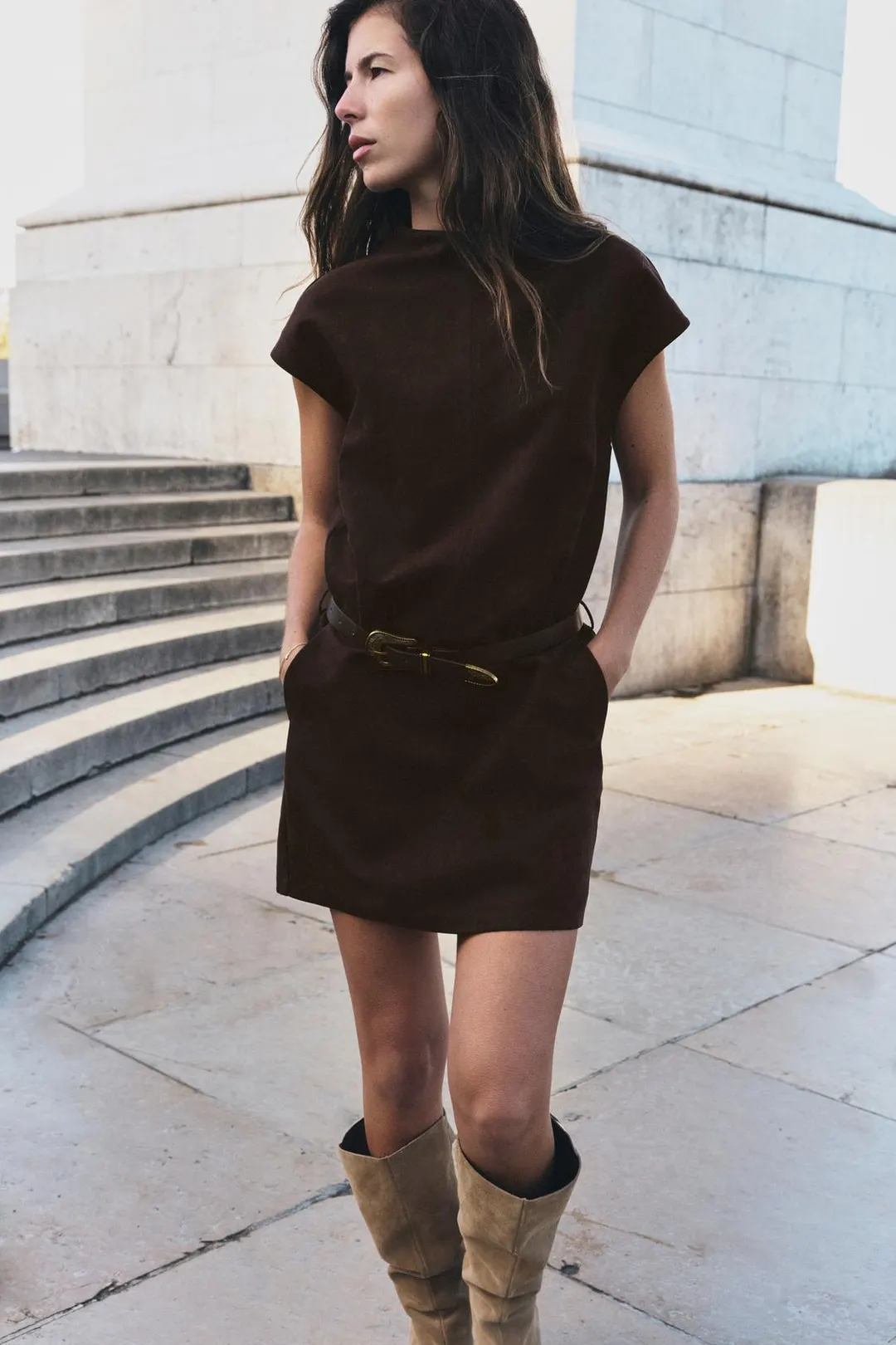 Платье мини под замшу с поясом, Zara