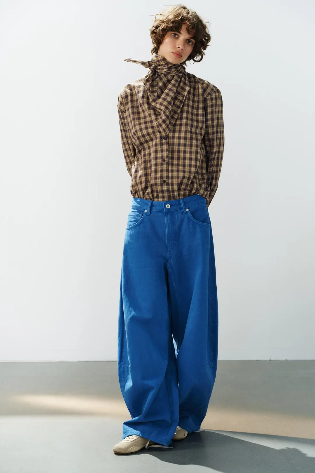 Клетчатая рубашка оверсайз с шарфом, Zara