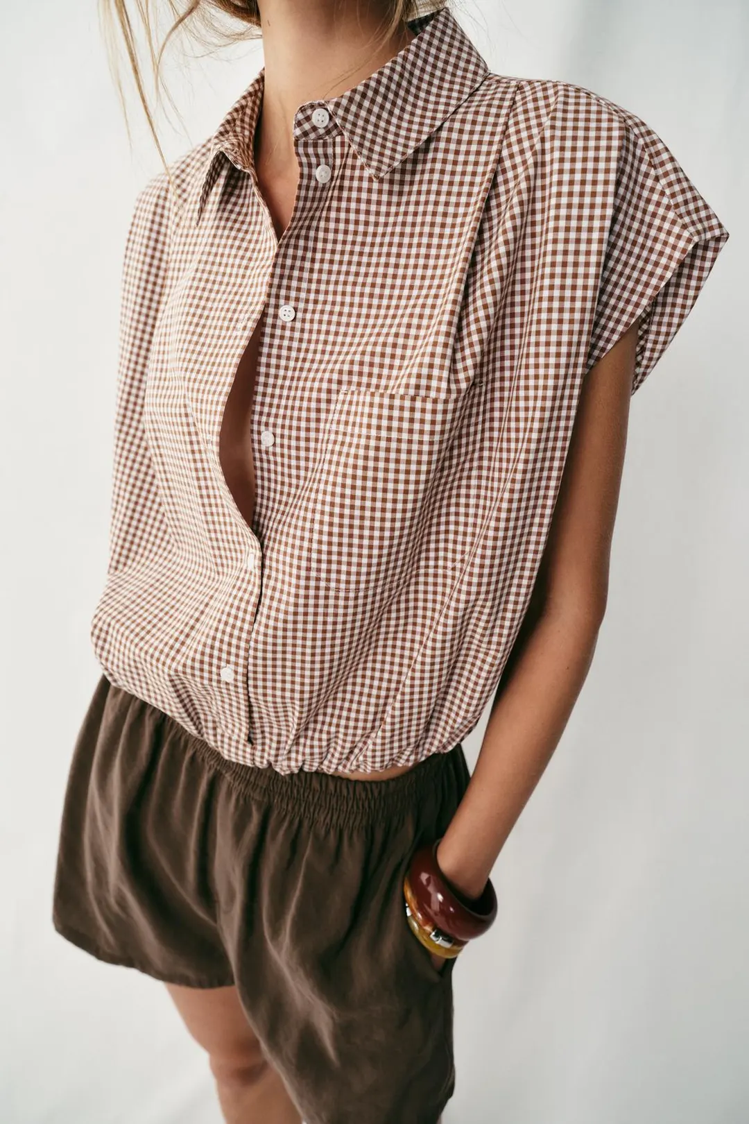 Рубашка укороченная в клетку гингем, Zara