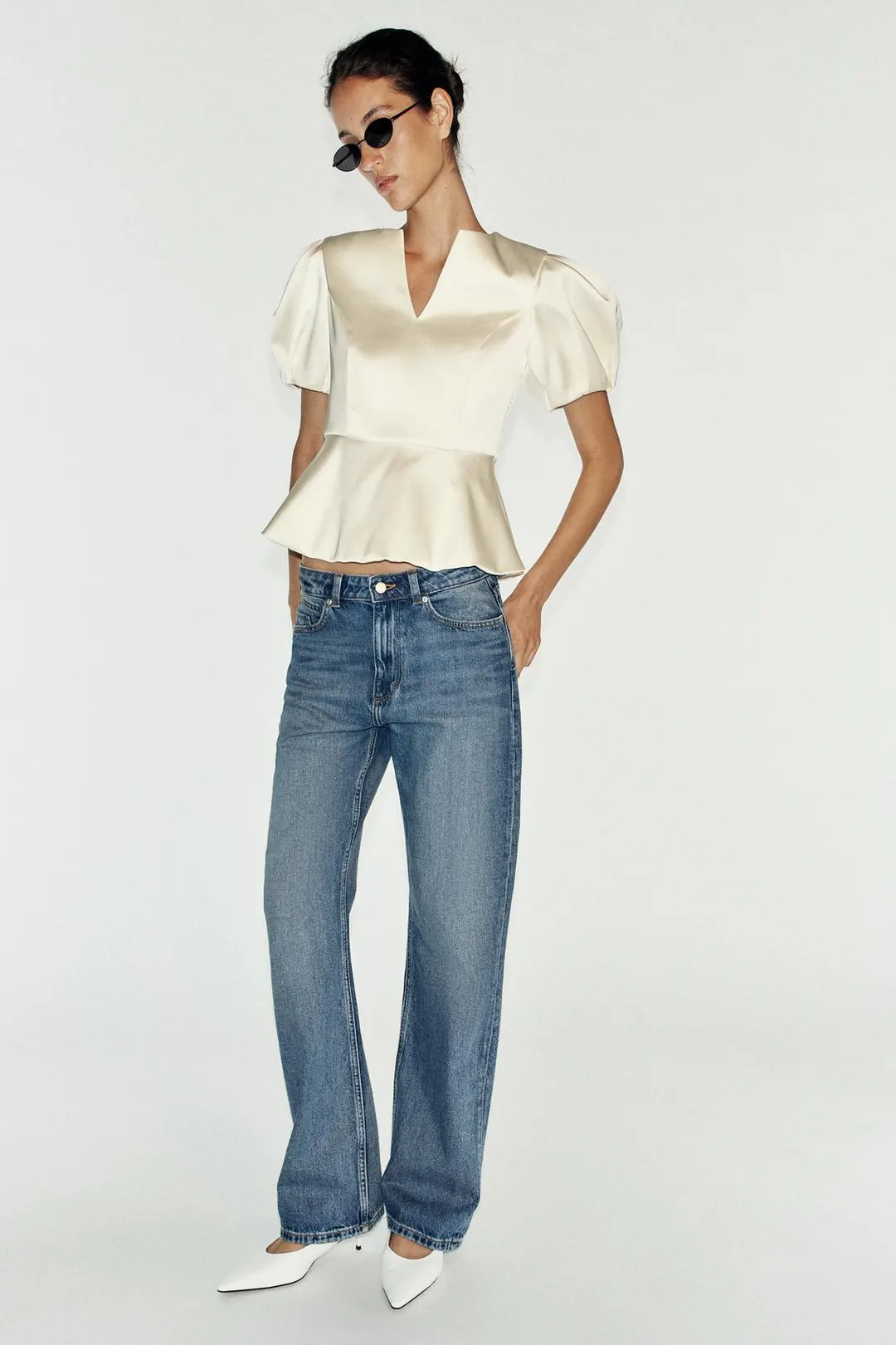 Атласный топ с рукавами-фонариками, Zara