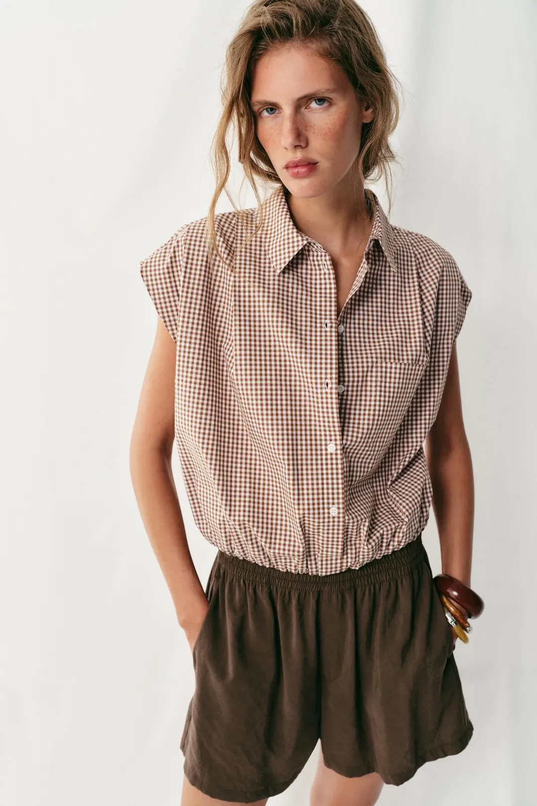 Рубашка укороченная в клетку гингем, Zara