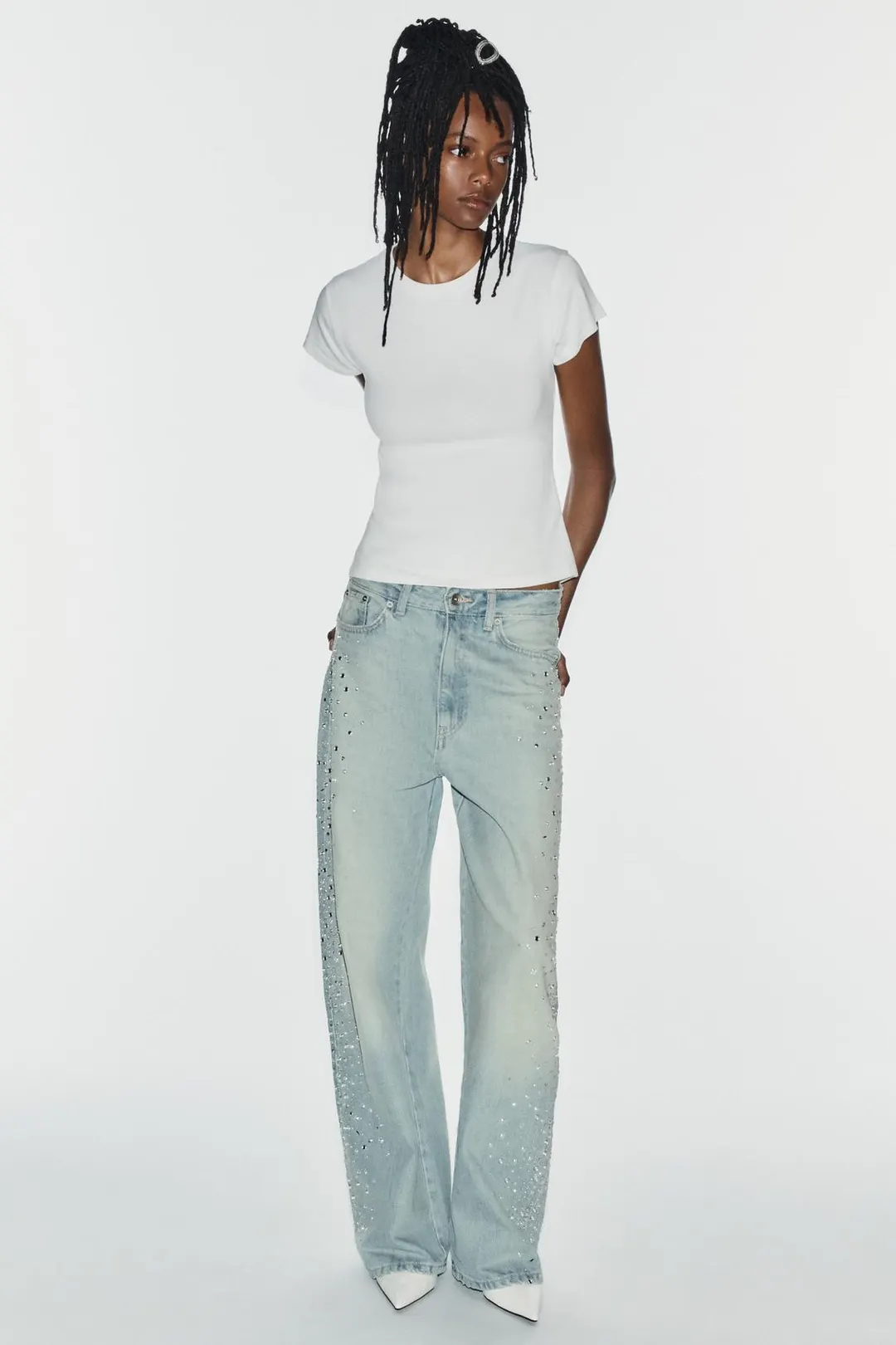 Джинсы baggy fit со средней посадкой и блестящими деталями TRF, Zara