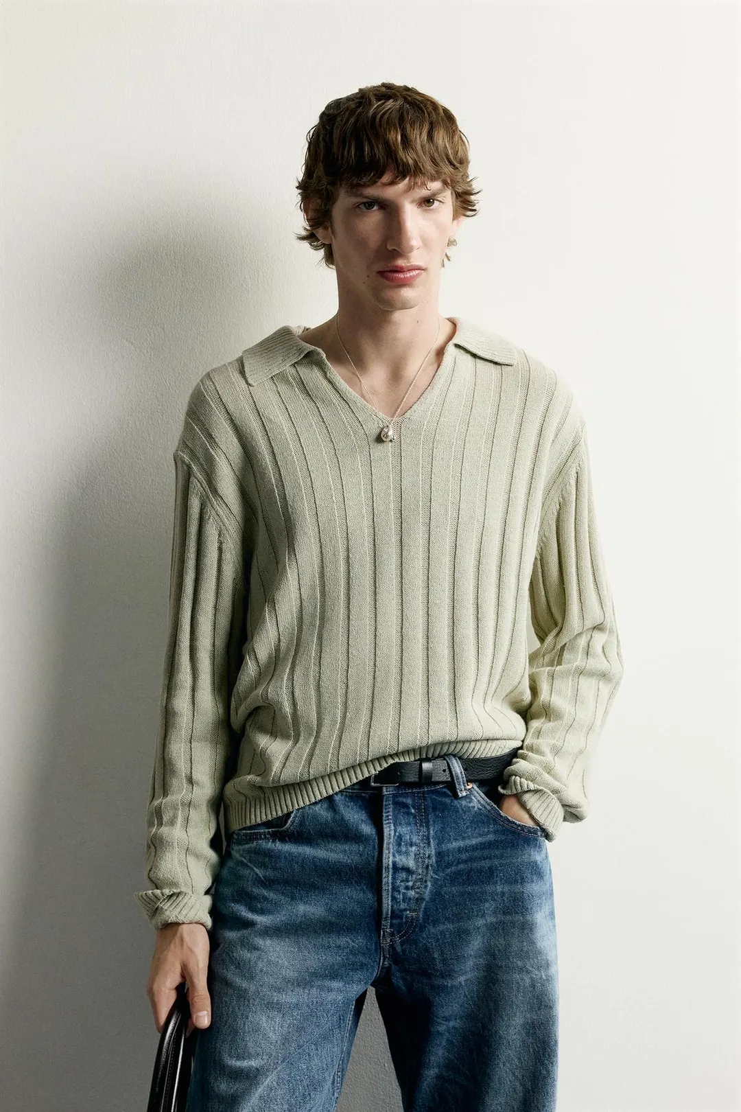 Поло вязаное в рубчик из льна и хлопка, Zara
