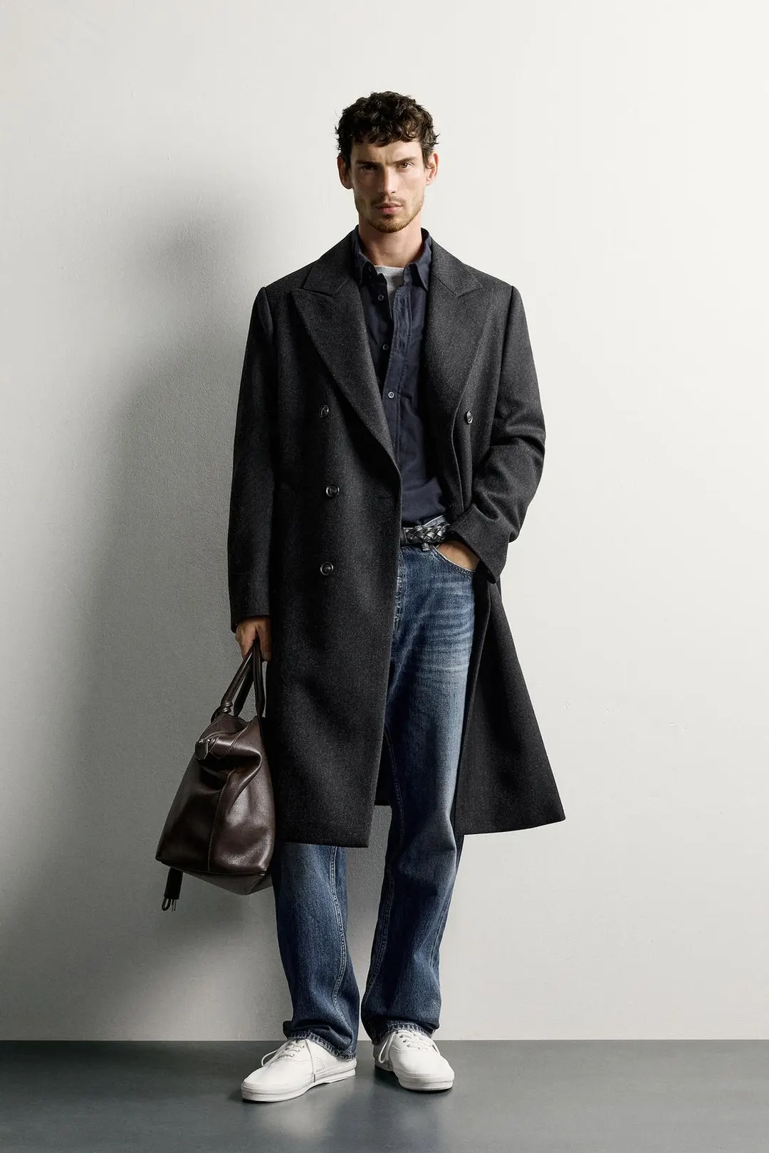 Пальто двубортное из 100% шерсти в елочку, Zara