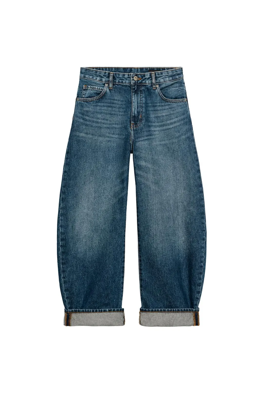 Джинсы ZW Collection силуэта balloon средней посадки с отворотами, Zara