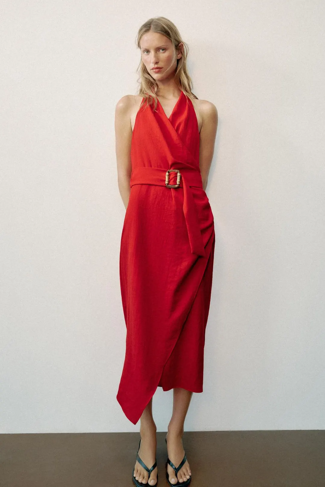 Платье миди с запахом и поясом, Zara