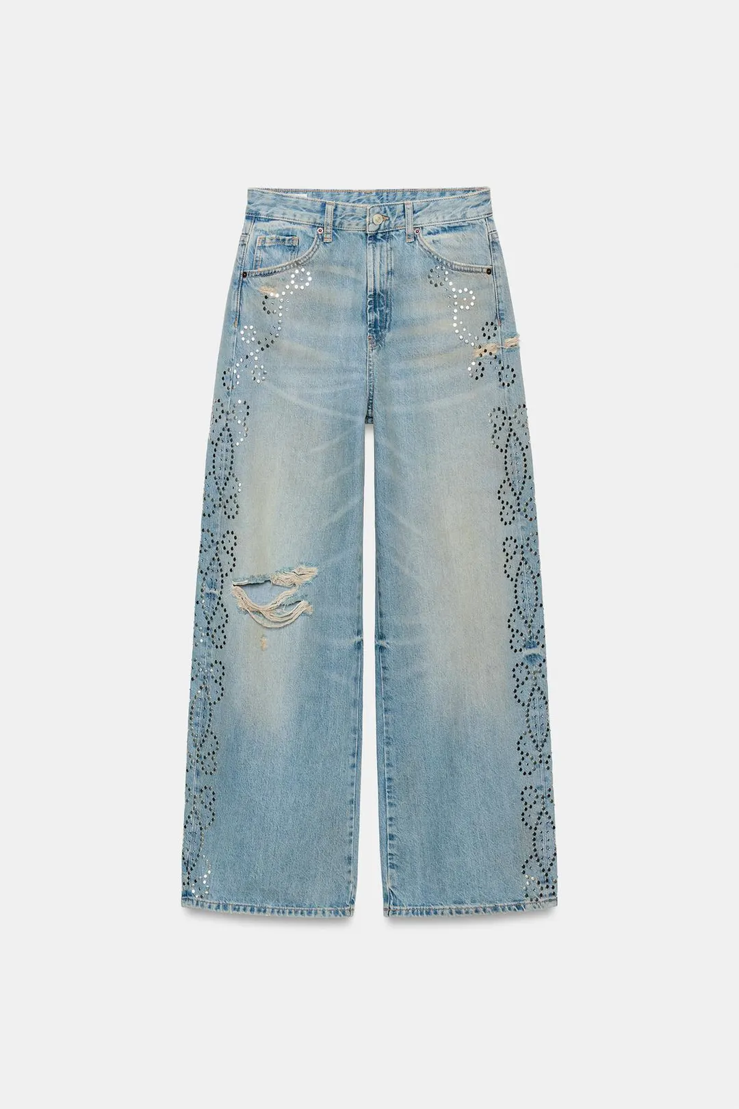 Джинсы TRF широкого кроя с разрывами и заклепками, Zara