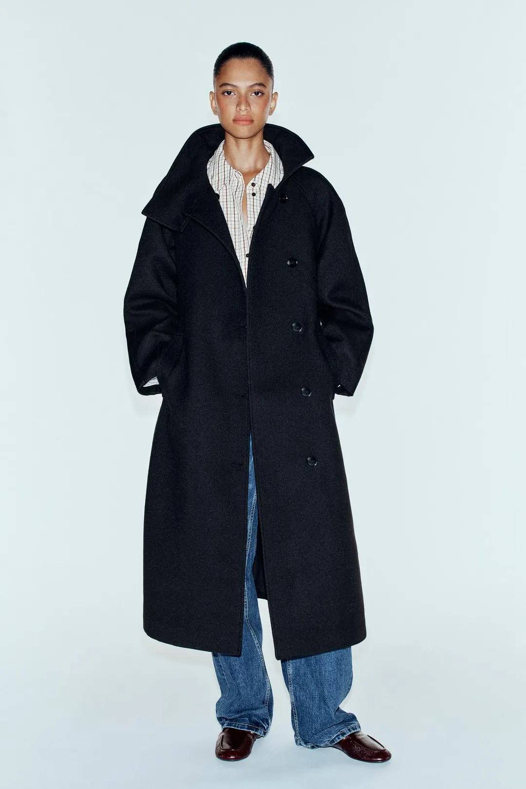 Пальто с высоким воротником и поясом, Zara