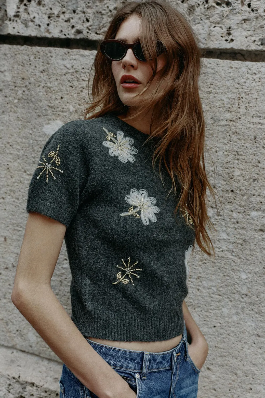 Джемпер с короткими рукавами и бусинами, Zara