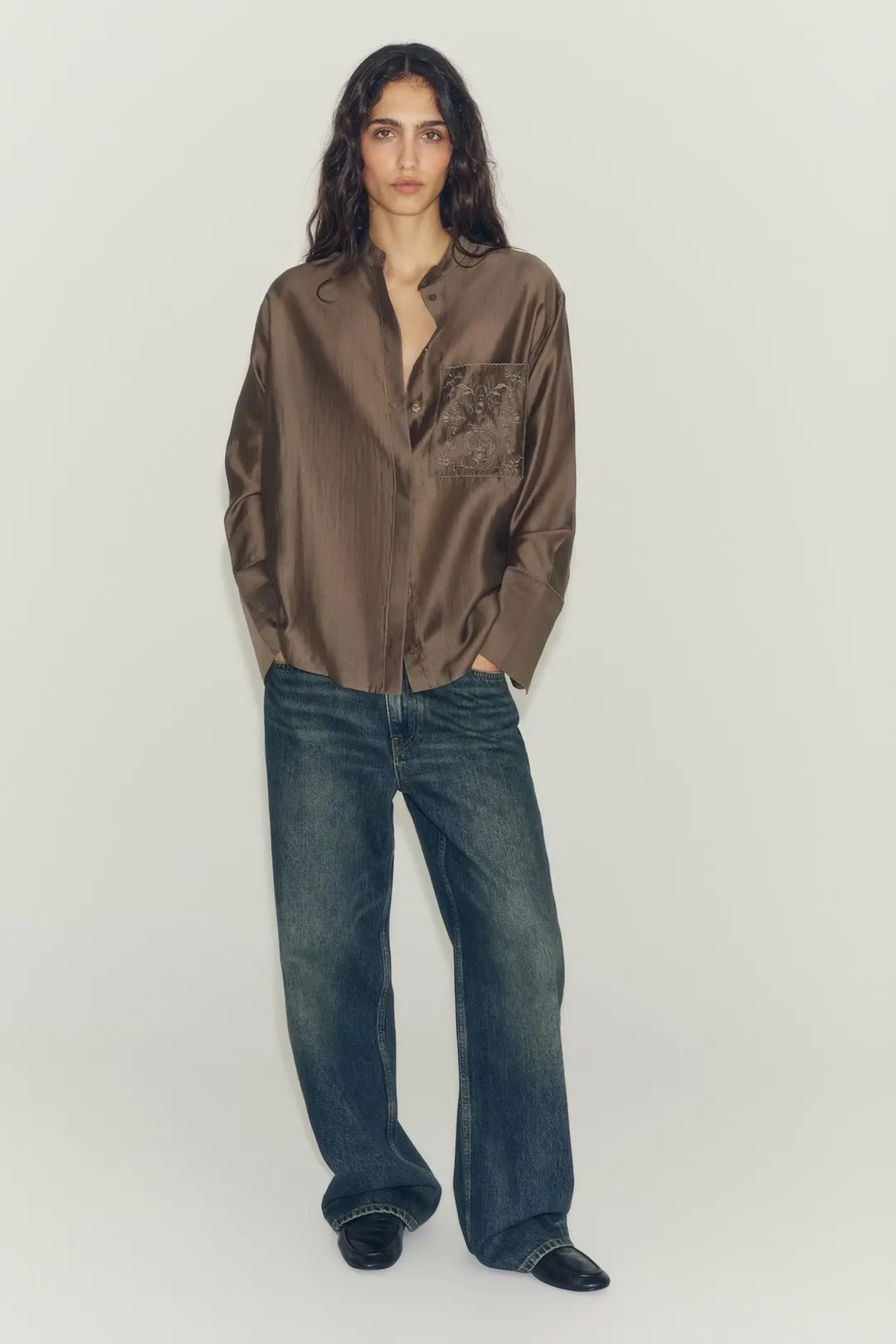 Рубашка с вышитым карманом ZW Collection, Zara