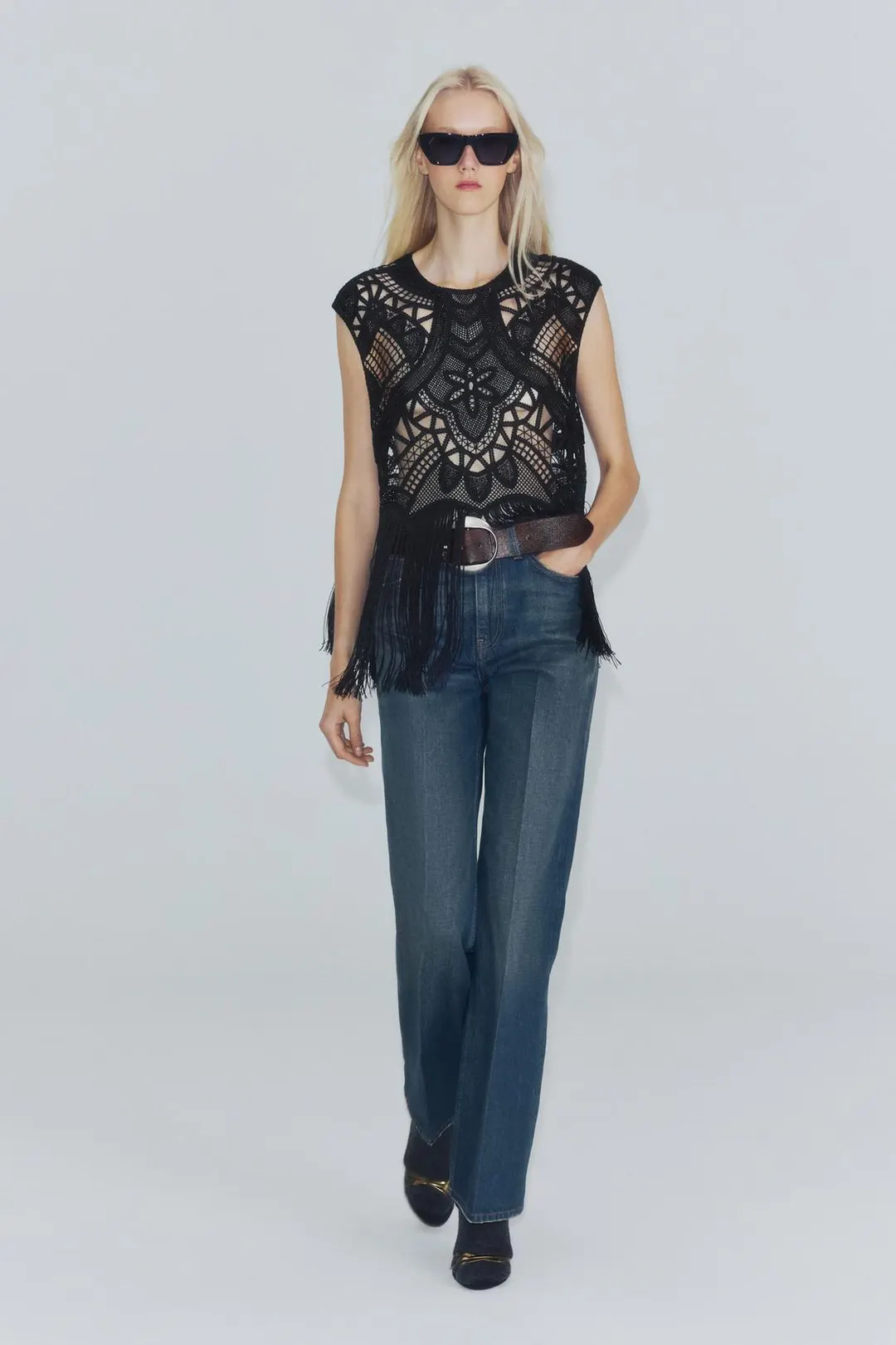 Топ вязаный крючком с бусинами и бахромой ZW Collection, Zara