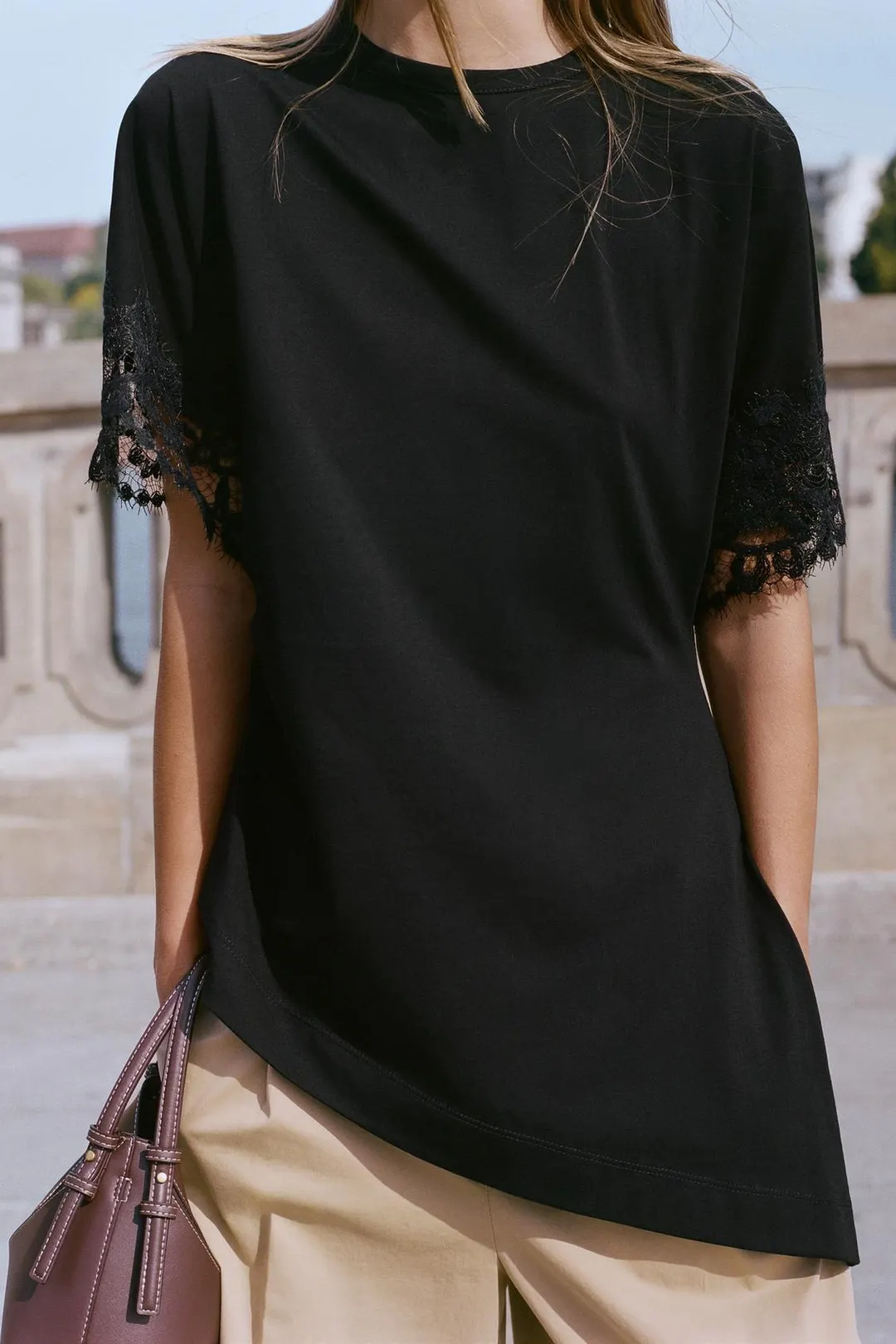 Асимметричная футболка с кружевом, Zara