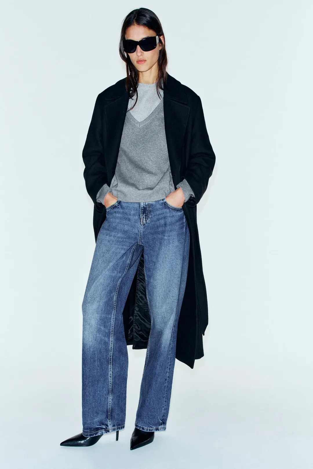 Пальто длинное из смесовой шерсти с поясом, Zara