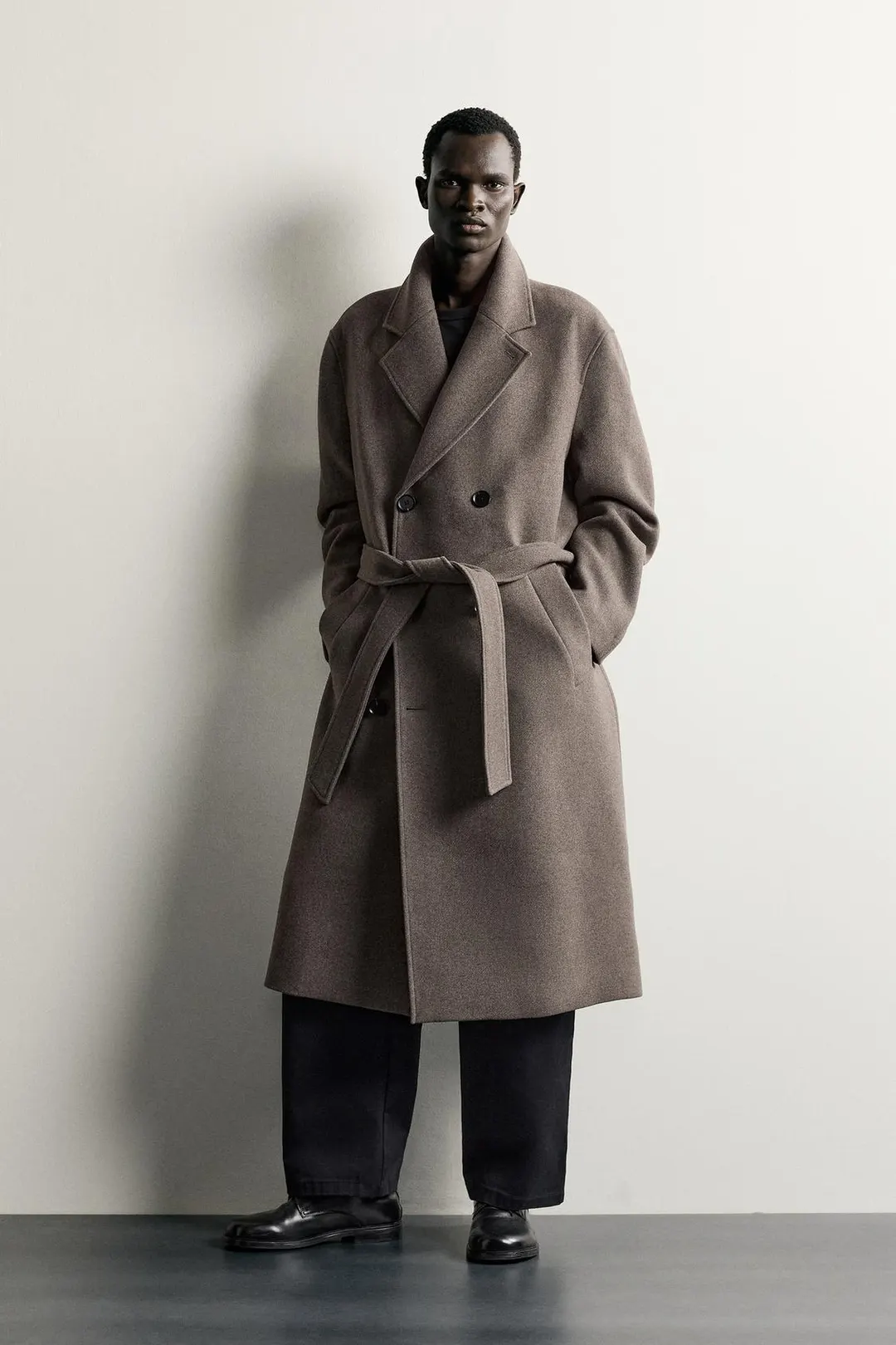 Двубортное пальто из смесовой шерсти с поясом, Zara