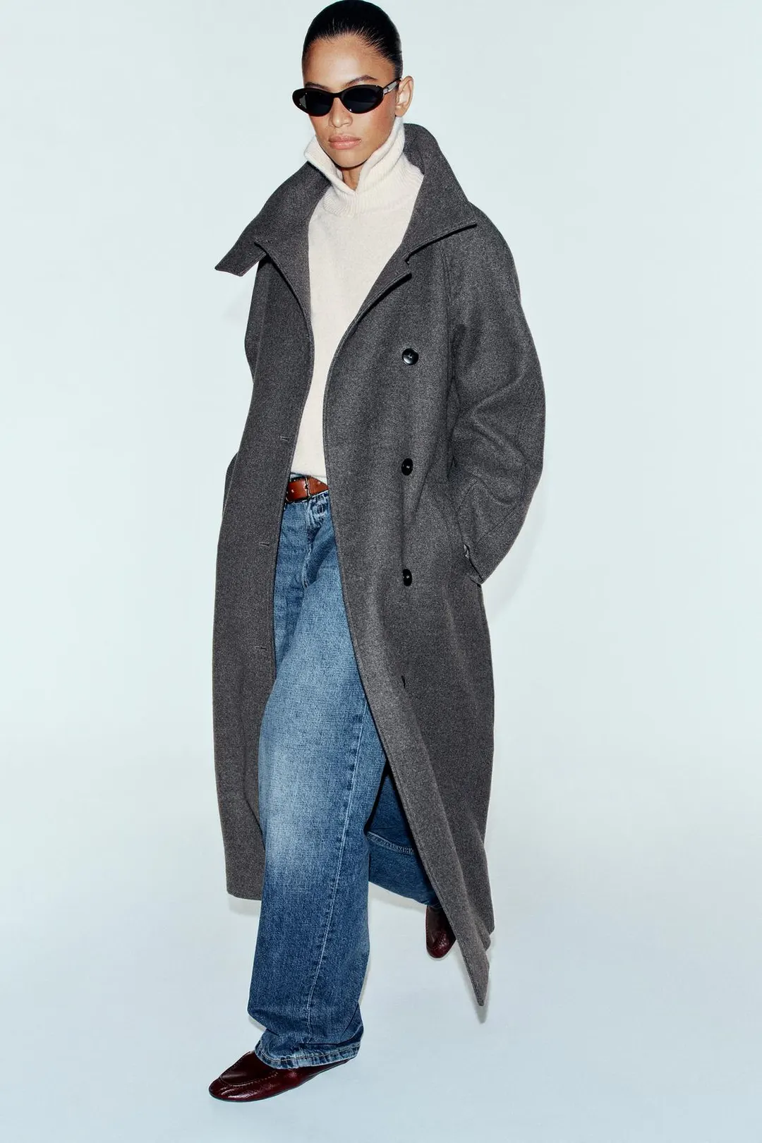 Пальто с высоким воротником и поясом, Zara