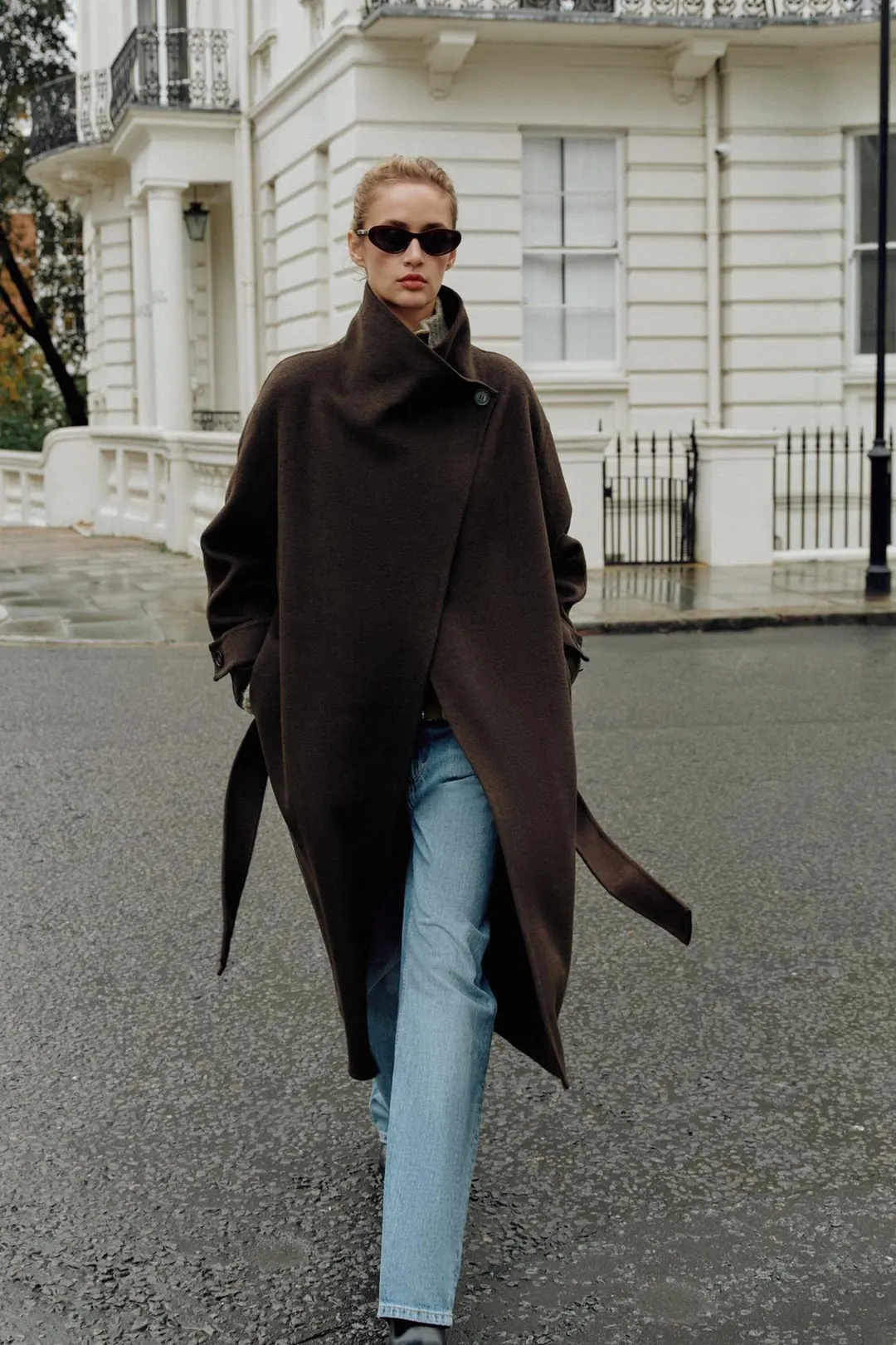 Двубортное пальто из смесовой шерсти с поясом, Zara