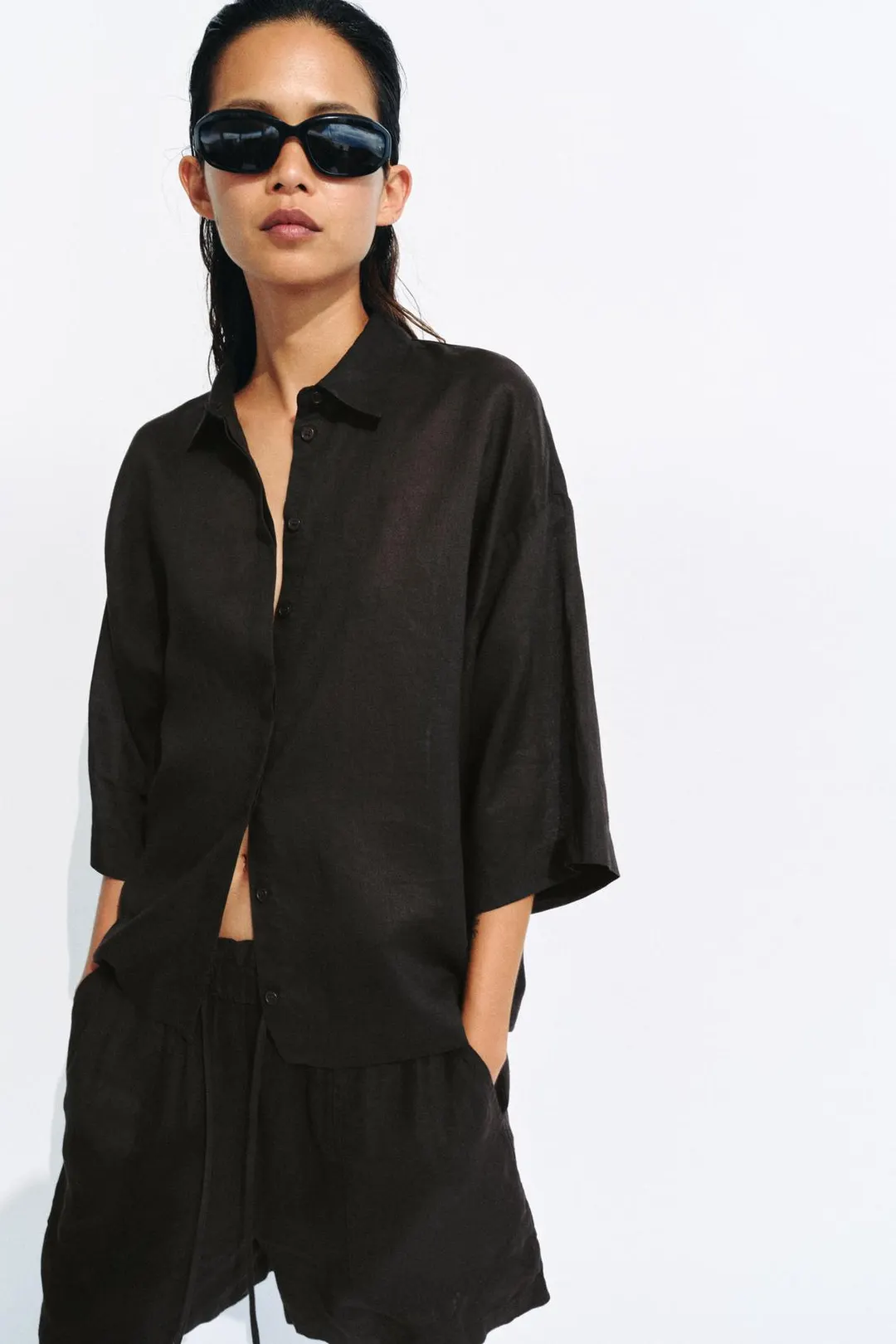 Рубашка оверсайз из рами ZW Collection, Zara