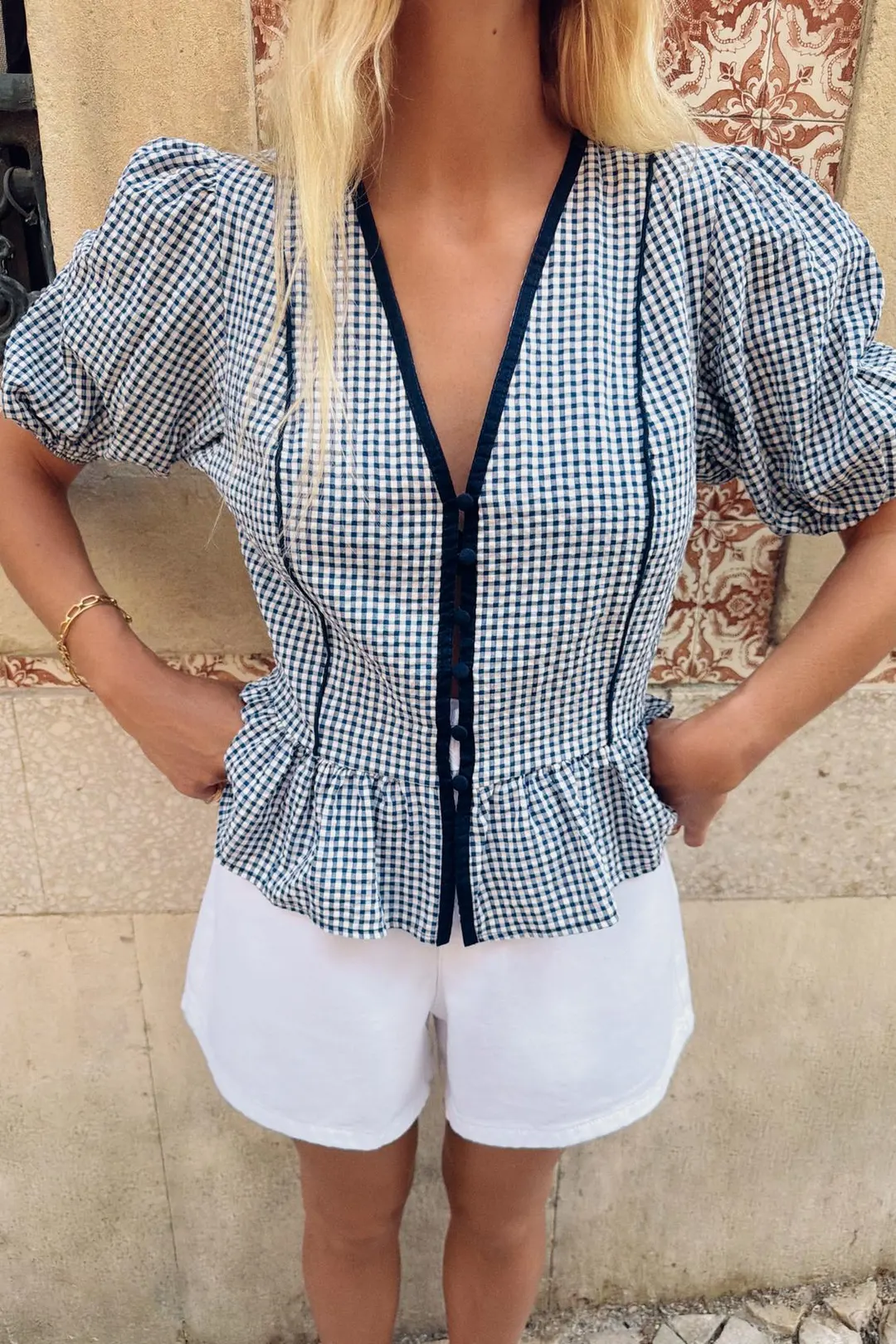 Блузка в клетку виши с баской, Zara
