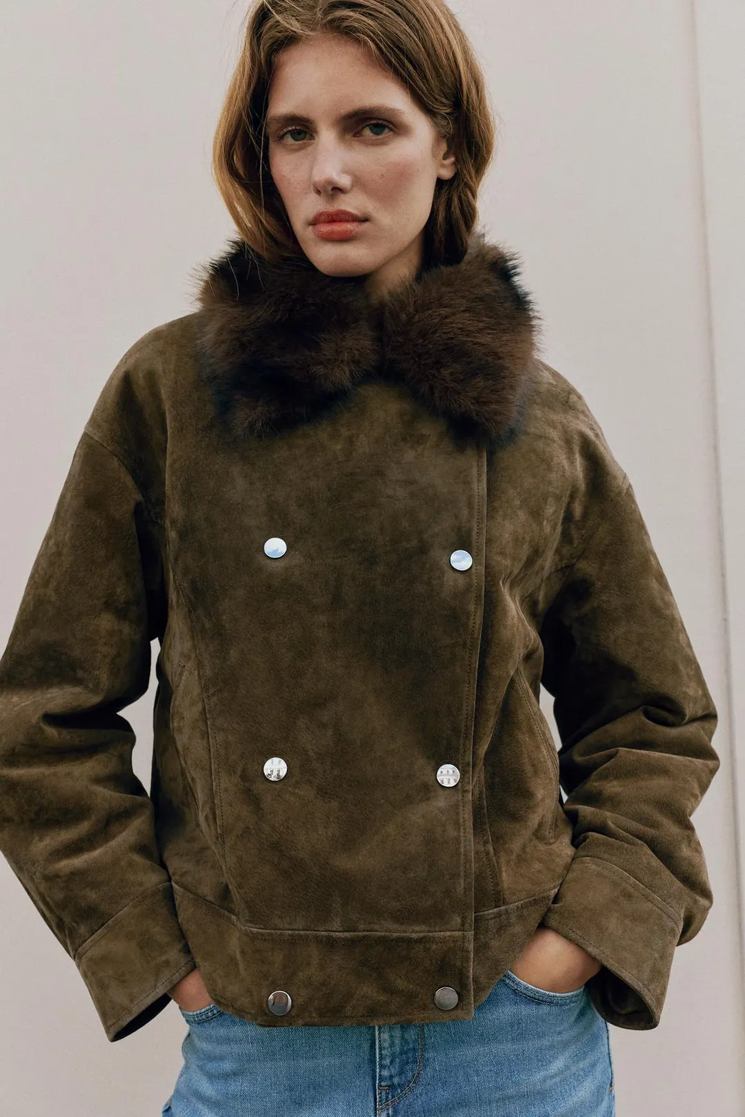 Куртка из 100% кожи с воротником из искусственного меха, Zara