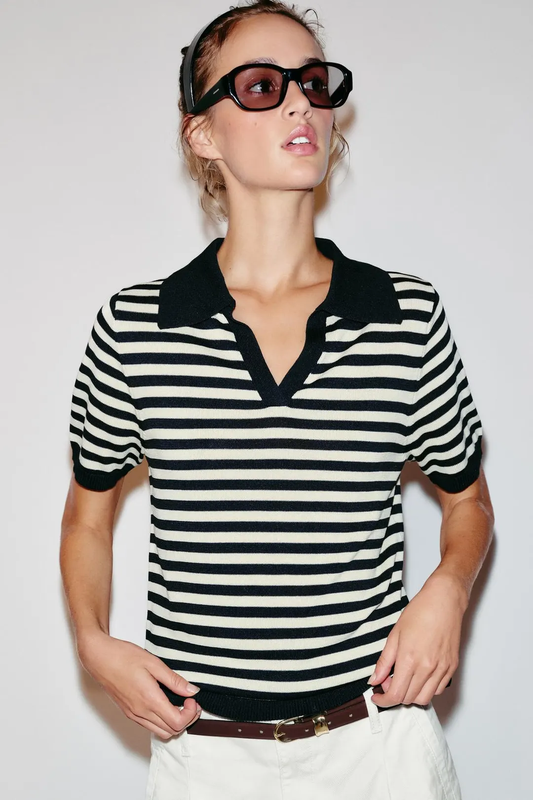 Вязаное поло в полоску с короткими рукавами, Zara