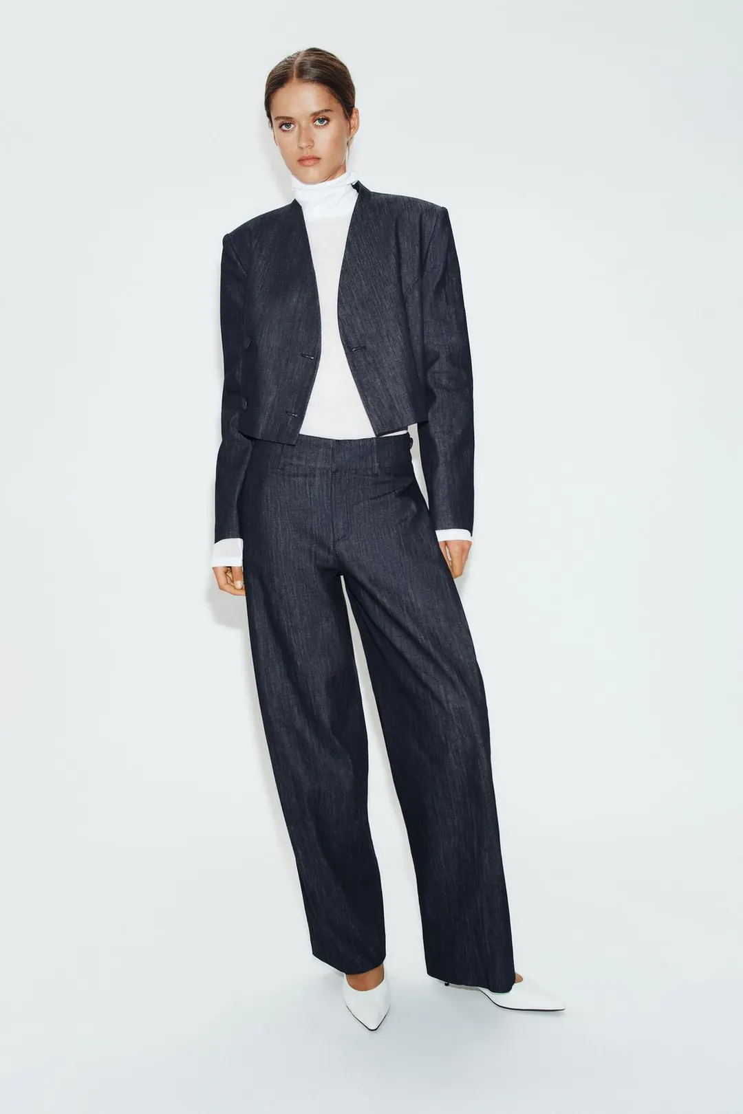 Укороченный двубортный блейзер из денима Z1975, Zara