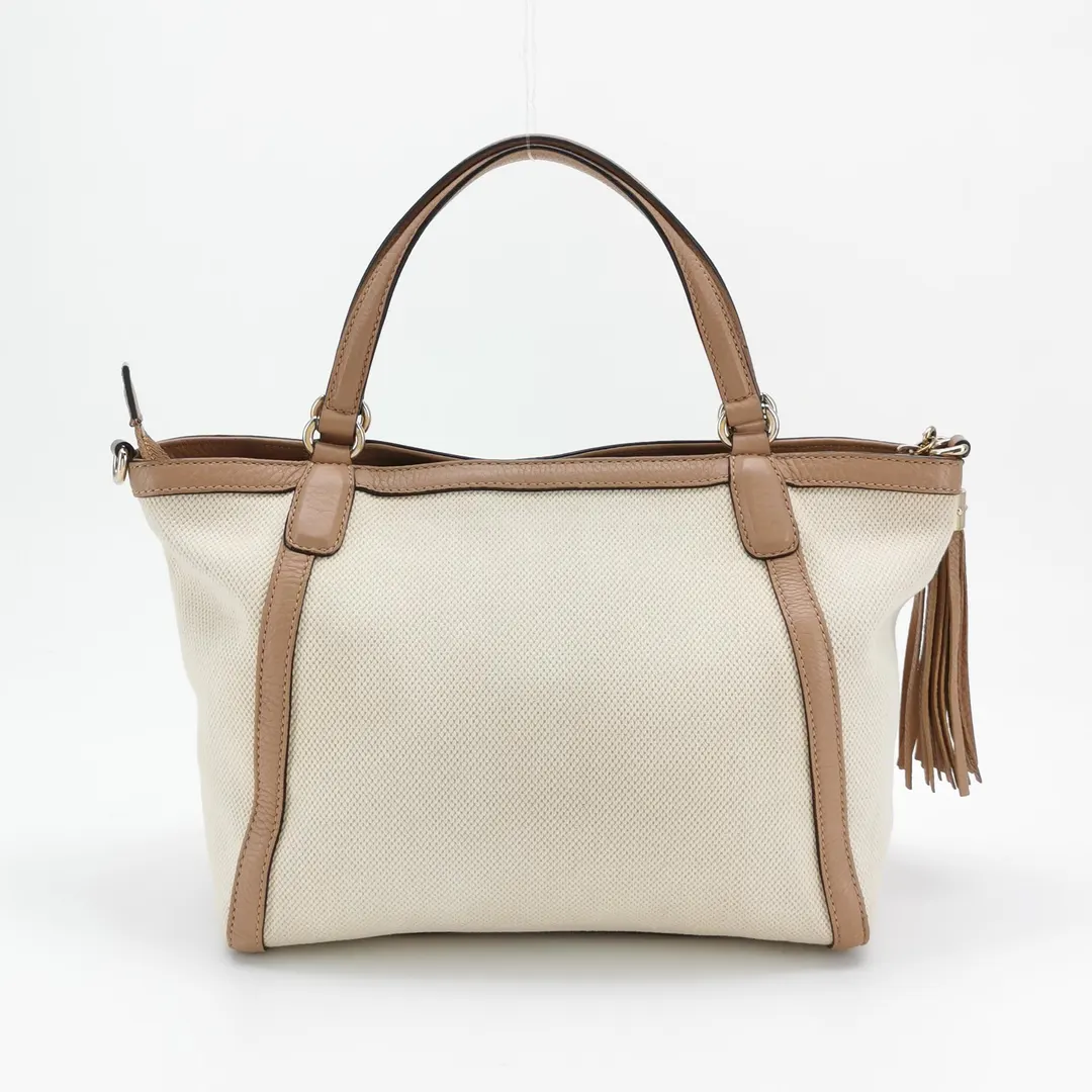 Сумка Soho через плечо из бежевой воловьей кожи и канвы с тиснением Double G · фото 4