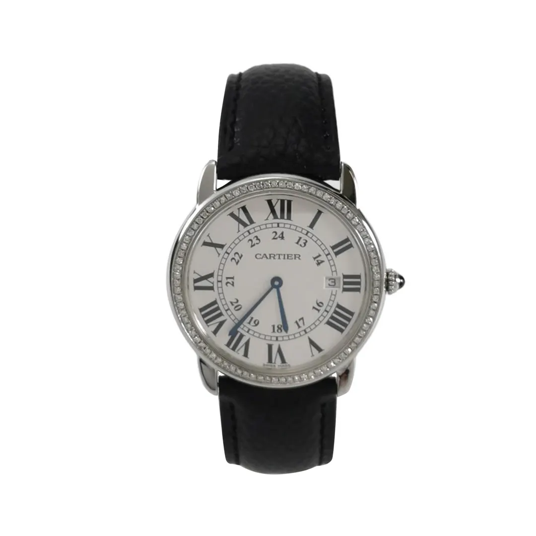 Мужские кварцевые часы Ronde De Cartier из стали с бриллиантами, белым циферблатом и кожаным ремешком