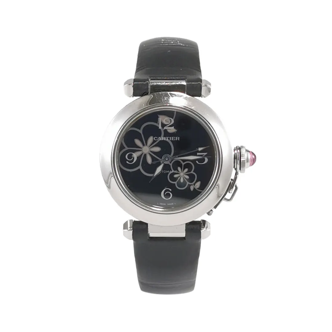 Часы женские Pasha De Cartier из стали с кожаным ремешком, автоматическим механизмом и чёрным циферблатом