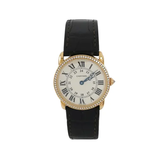 Женские кварцевые часы Ronde de Cartier из кожи и желтого золота 18K с бриллиантами и белым циферблатом