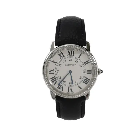 Мужские кварцевые часы Ronde De Cartier из стали с бриллиантами, белым циферблатом и кожаным ремешком