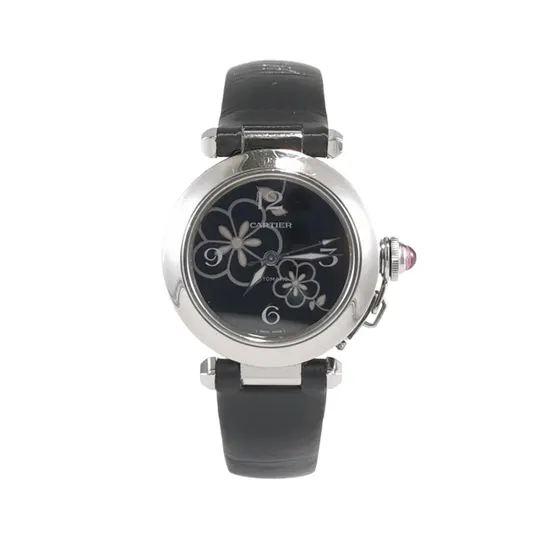 Часы женские Pasha De Cartier из стали с кожаным ремешком, автоматическим механизмом и чёрным циферблатом